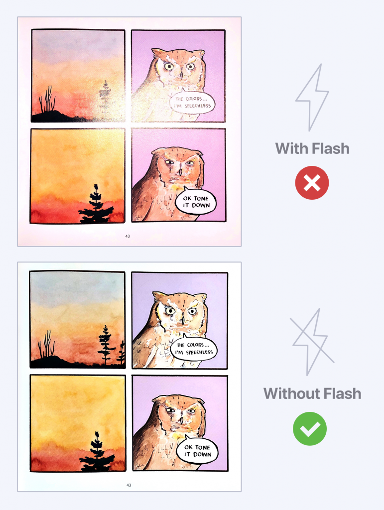 This image shows the difference between scans made with and without flash. Turn off the flash to get the best scanning results.