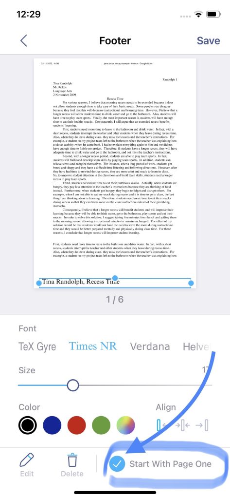How to Add Footers to PDFs on a Mobile Phone: to remove footers from the first page, remove the blue check mark at the bottom of the screen within the Footers menu