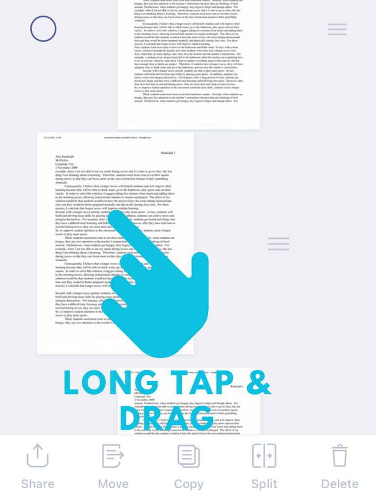 to move the page, long-tap and drag the page to the correct position