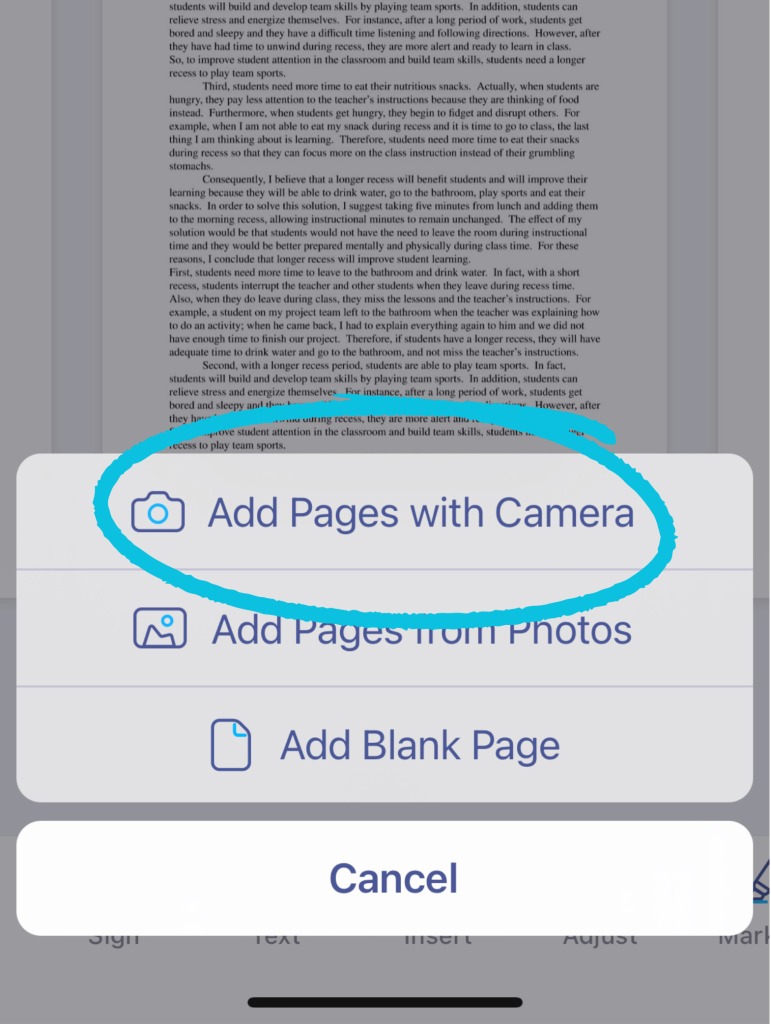 how to insert a page into a PDF document: select Add Pages with Camera