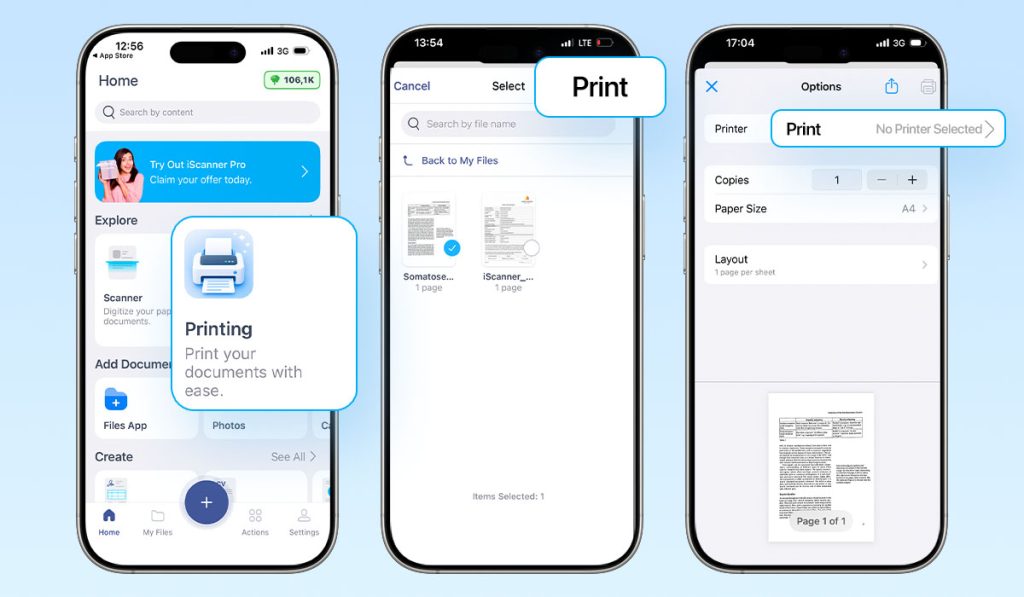 how to print from your phone via the explore section