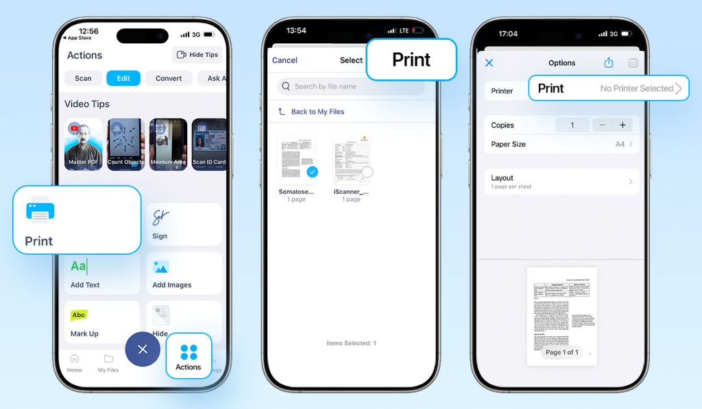 how to print from your phone via the actions menu